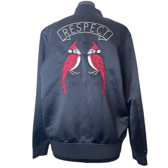 Trendiano Jackets & Blazers - Trendiano Satin Black Zip Up Embroidered cardinal Red bird respect nature